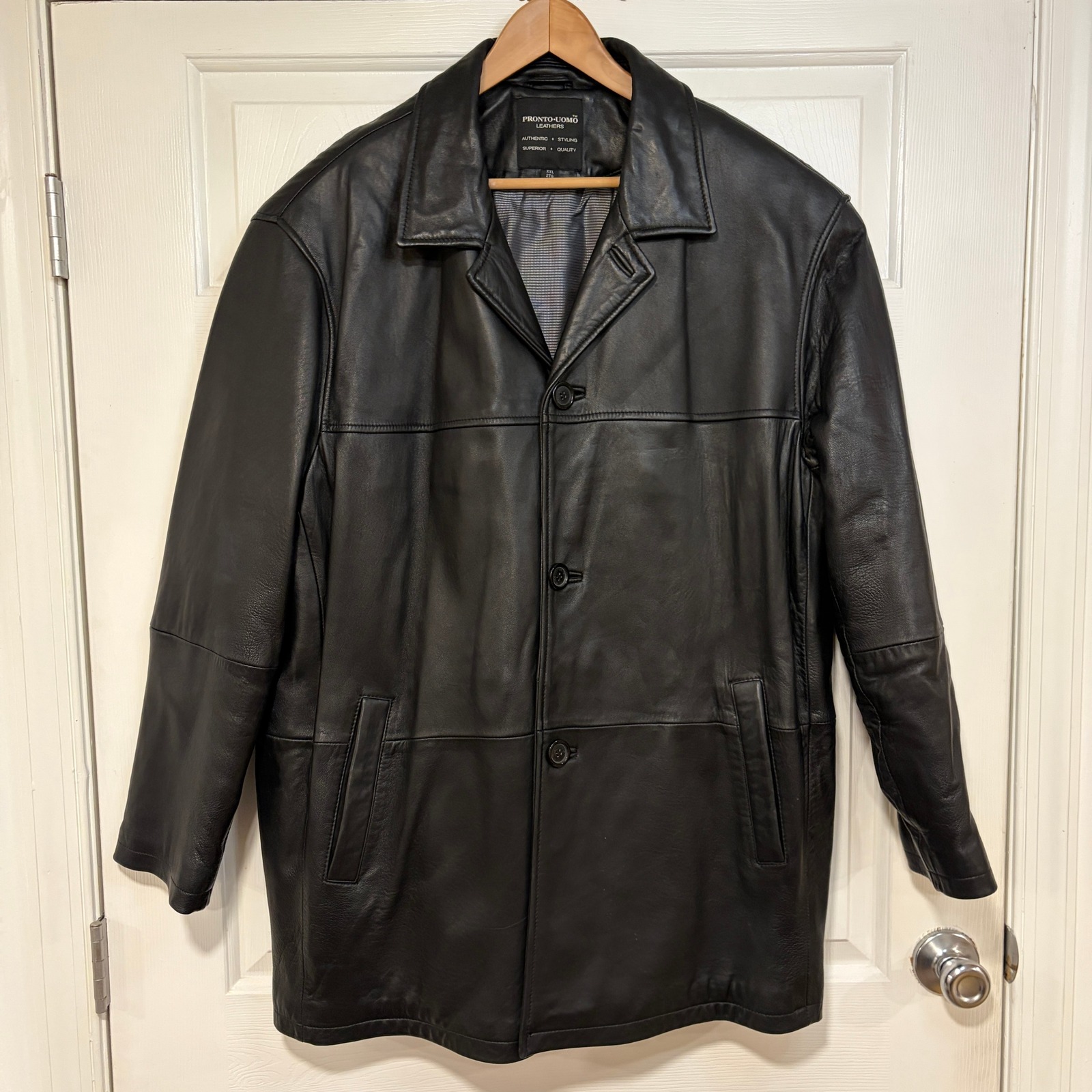 Pronto Uomo Mens Xxl Black Leather Jacket Mid Length Overcoat Collar Pockets